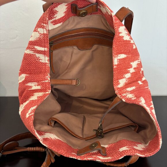 Lucky Brand Orange White Brown Aztec Ikat Canvas Tote - Picture 11 of 12